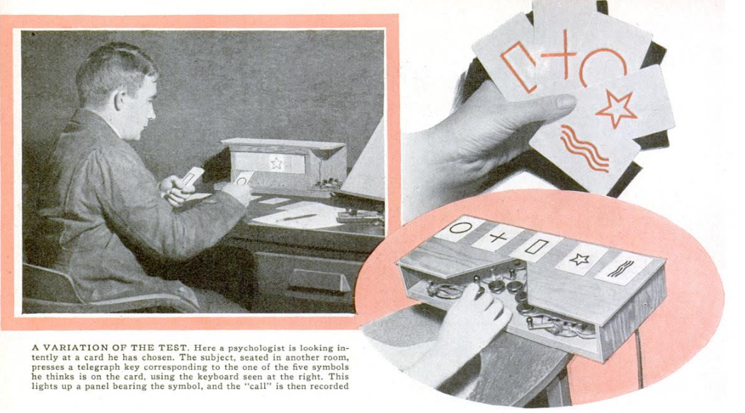 Historical ESP card-testing illustration from Popular Science, March 1937, not the 2026 SPR event