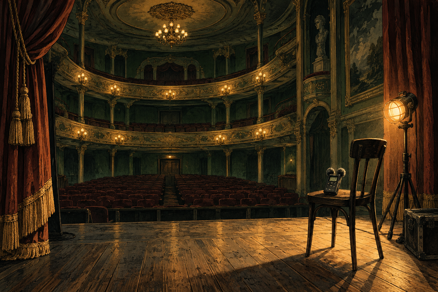 AI-generated editorial illustration of an empty historic theatre with a recording device; not a photograph of a case location