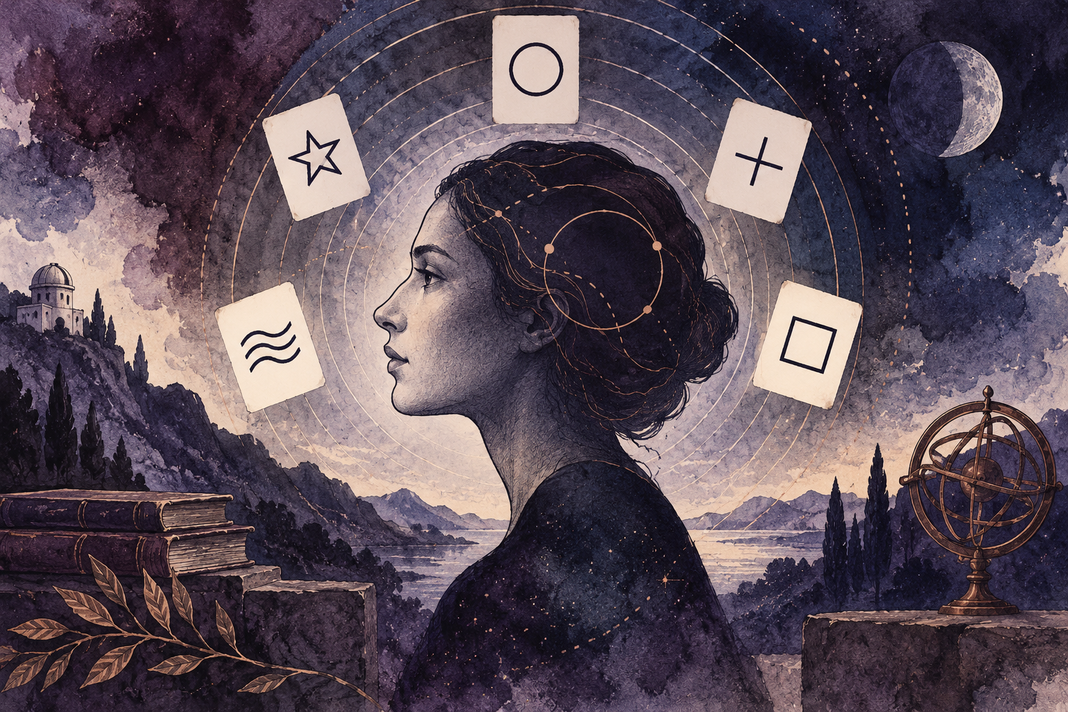 AI-generated editorial illustration of perception, a human profile and geometric symbol cards