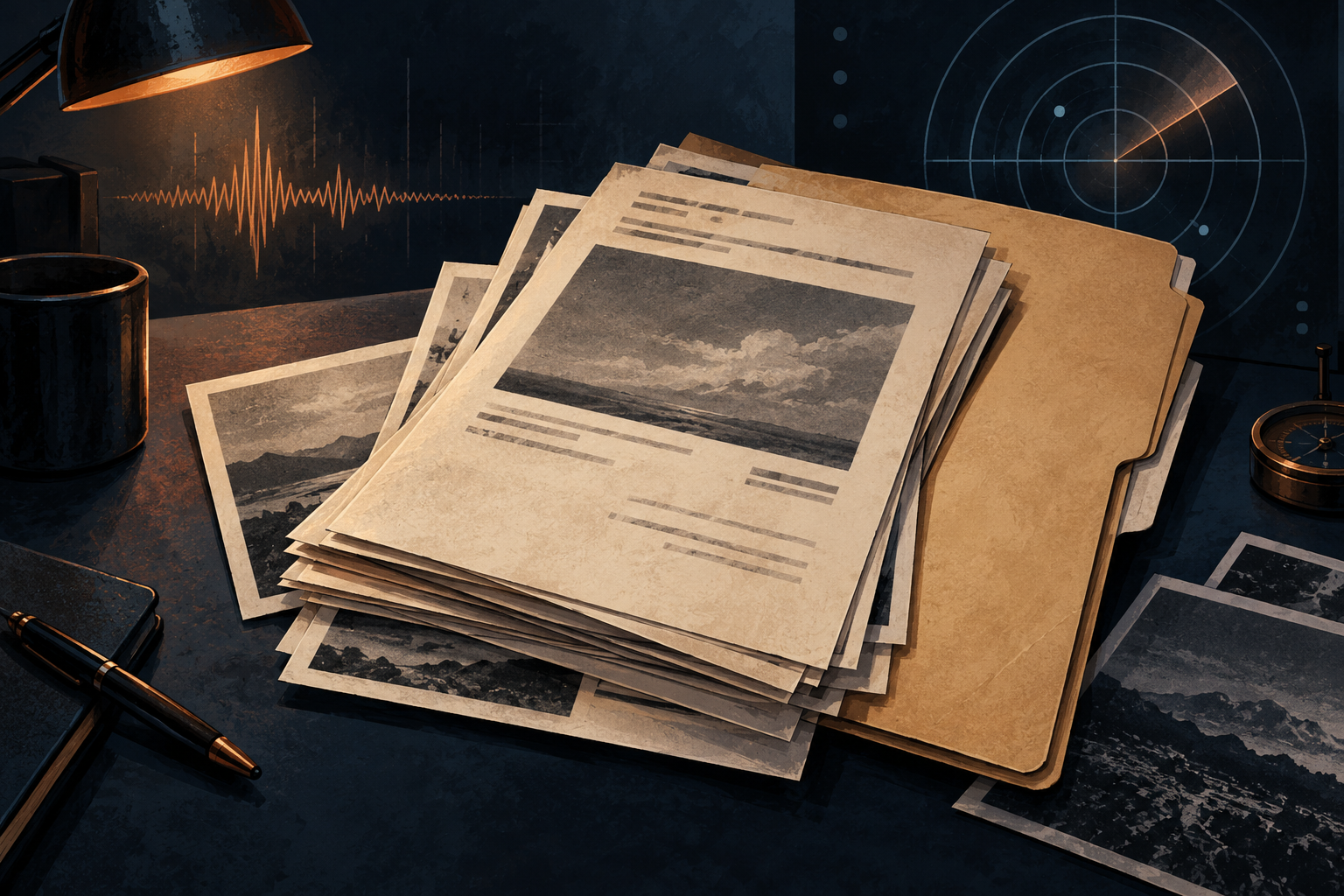 AI-generated editorial illustration of archival papers and a radar motif; not an authentic government record