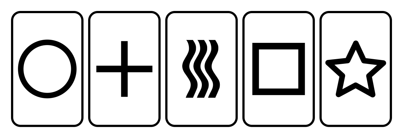 The five Zener card symbols used in ESP testing: circle, cross, waves, square and star. Illustrative diagram, not the SPR event.